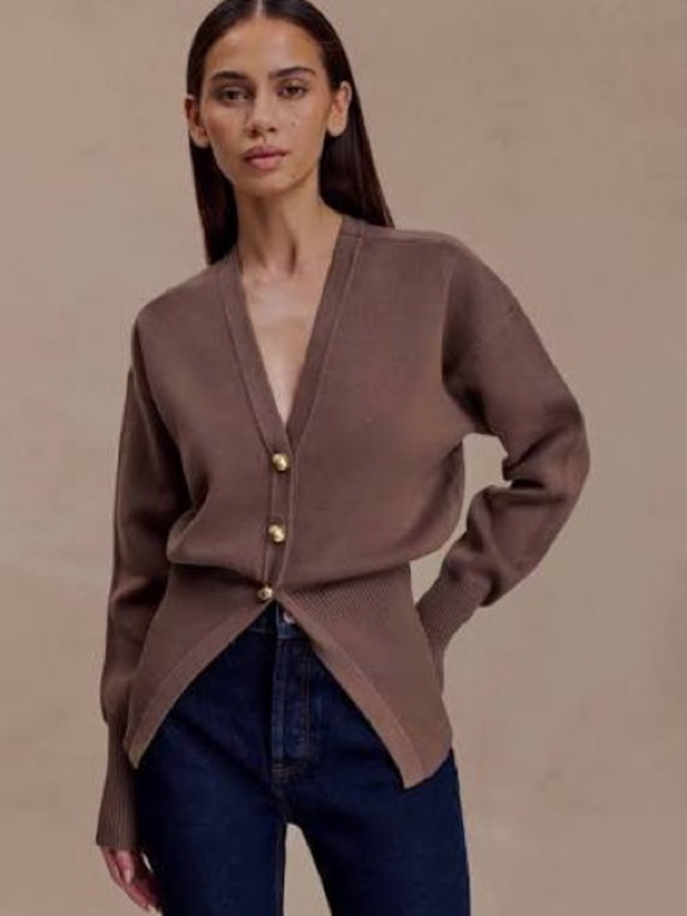 Meshki Amanda Brown cardigan with gold buttons